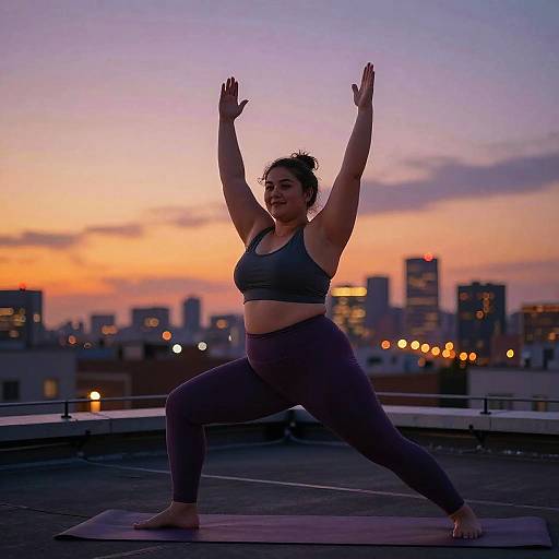 Photograph of a plus-size woman in a dark sports bra and leggings, performing a yoga pose on a rooftop at sunset, city skyline with colorful sky