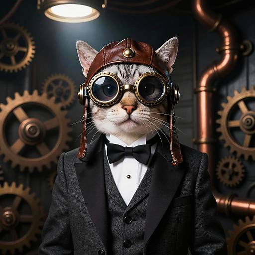 Photorealistic digital art of a cat in a steampunk outfit, wearing a leather aviator helmet, brass goggles, black tuxedo,