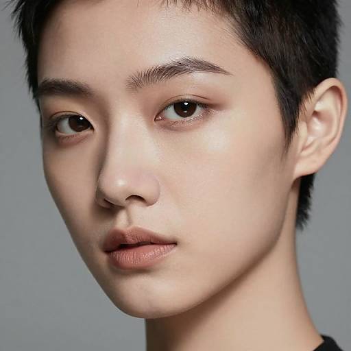 Close-up photograph of an East Asian person with short black hair, fair skin, and neutral expression against a gray background.