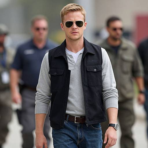 Photograph of a handsome, blonde, Caucasian man with short hair, wearing black sunglasses, a gray sweater, black vest, and blue jeans, walking
