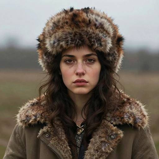 Photograph of a serious young woman with fair skin and dark wavy hair, wearing a fur-trimmed hat and coat, set against a blurred