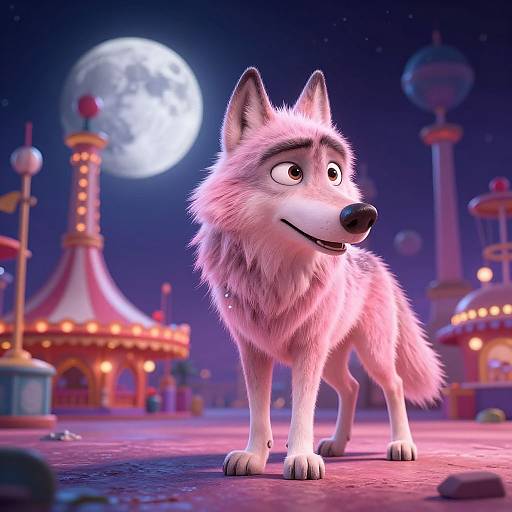 CGI image of a pink-furred, animated wolf with a friendly expression, standing under a bright full moon in a whimsical, carnival-themed night