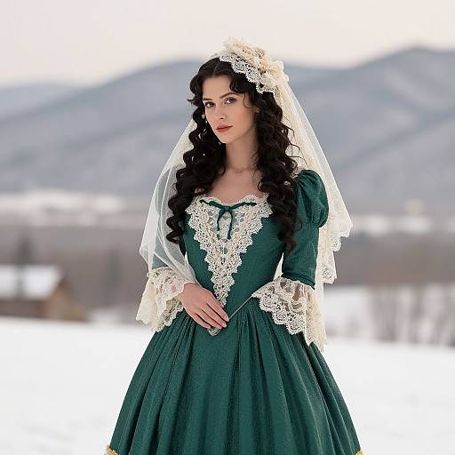 Elegant Woman in Vintage Green Gown