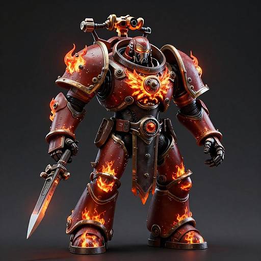 CGI fantasy warrior robot with glowing orange fire accents, wielding a sharp sword, standing against a dark gradient background.