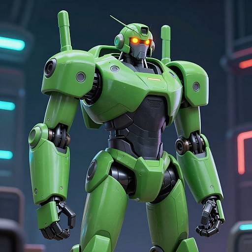Futuristic Green Robot with Orange Eyes