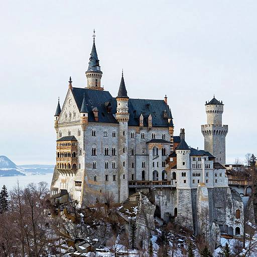 Photograph of Neuschwanstein Castle, a fairytale-style, white stone, Gothic Revival-style castle with multiple black-topped spires