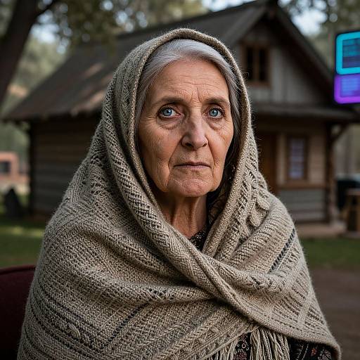 Photograph of an elderly woman with white hair, blue eyes, and wrinkles, wrapped in a thick, textured gray shawl, standing in front of