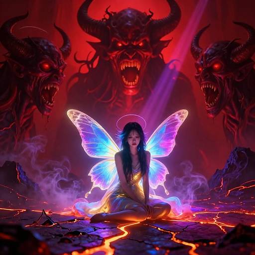 Digital art: Glowing blue-purple fairy with long black hair, halo, and luminescent wings sits on cracked, lava-filled ground, surrounded by