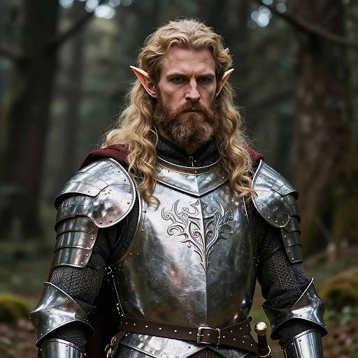 Photograph of a stern, bearded, long-haired elven warrior with pointed ears, wearing ornate silver armor in a dark, misty forest