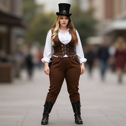 Photograph of a confident woman in steampunk attire, wearing a black top hat, white blouse, brown corset, and pants, with black