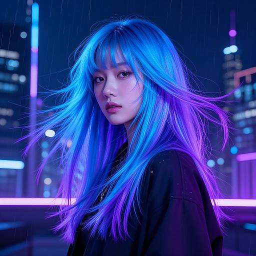 Photograph of an Asian woman with vibrant blue and purple neon hair, wearing a black shirt, standing in a rainy, neon-lit cityscape at