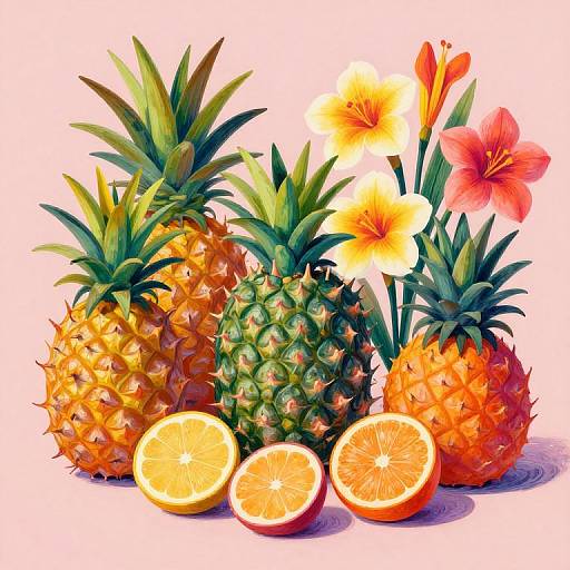 Vibrant digital illustration of three pineapples, two whole and one halved, with bright orange slices, and three colorful flowers, set against