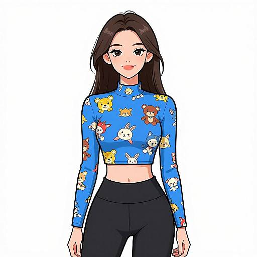 Digital anime-style drawing of a cute young woman with long brown hair, wearing a blue crop top with cartoon animal patterns and black pants, standing against a