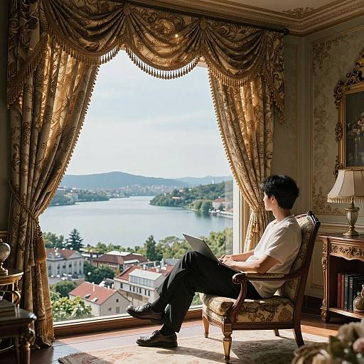 Photograph of an Asian man in a white shirt and black pants, reading a book while sitting in a luxurious room with ornate curtains, overlooking a
