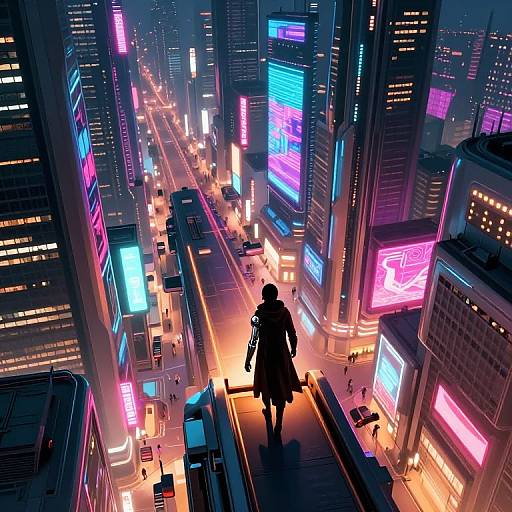 Cyberpunk cityscape: Silhouetted figure on elevated walkway, surrounded by towering neon-lit skyscrapers, bustling streets below,