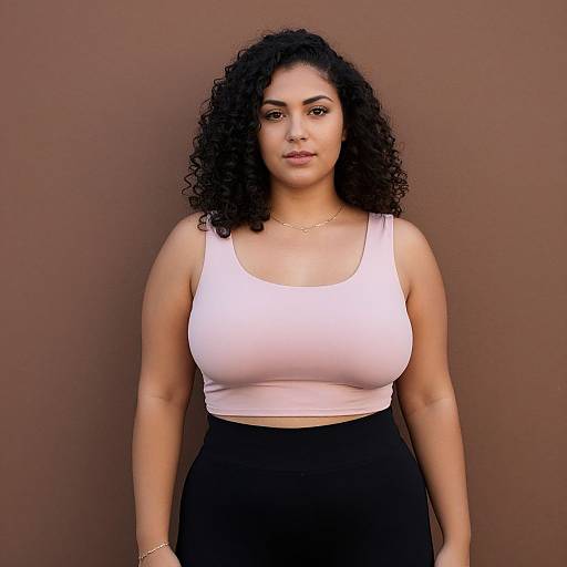 Photograph of a curvy, light-skinned woman with curly black hair, wearing a white tank top and black high-waisted pants, against