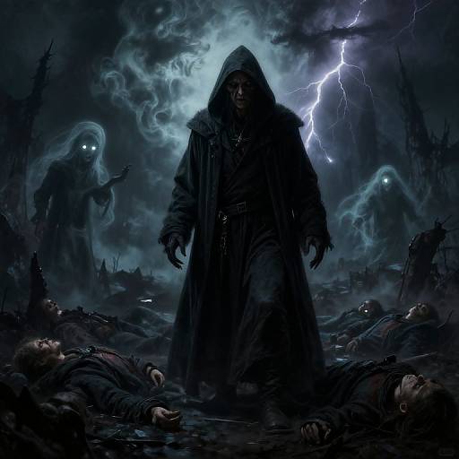 Dark, stormy digital art of a hooded figure with glowing eyes, standing over fallen bodies, surrounded by ghostly figures and lightning.