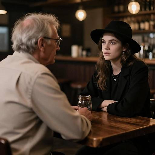 Photograph of an older man with gray hair and glasses, and a young woman with long brown hair in a black hat, sitting at a wooden bar