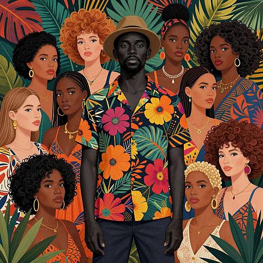 Digital artwork: Diverse group of women with various skin tones and hairstyles, wearing colorful tropical outfits, surround a black man in a vibrant floral shirt,
