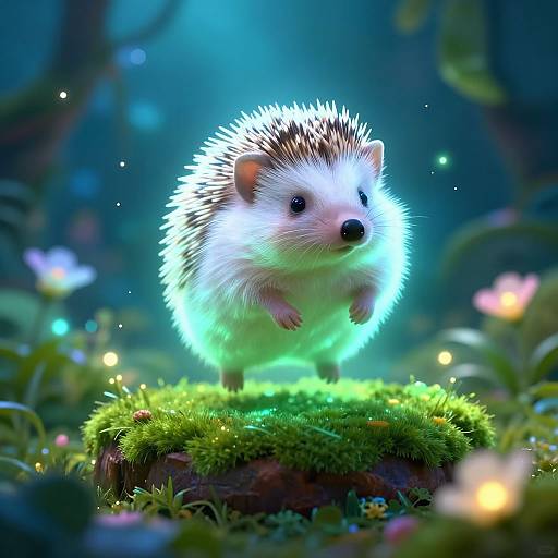 Digital artwork of a glowing, luminescent hedgehog standing on a mossy rock in a magical forest with colorful, ethereal lights.