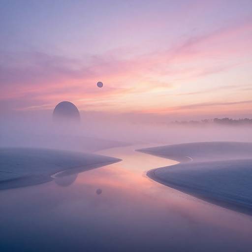 Photograph of a tranquil, misty landscape at dawn with a pink and purple sky, two floating spheres, and a reflective water channel.
