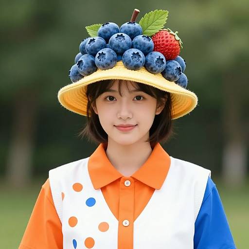Photograph of Asian child wearing vibrant orange shirt, white and blue polka-dot vest, and whimsical hat adorned with blueberries, strawberry, and
