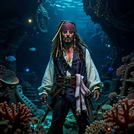 Photograph of a pirate with long dreadlocks, red bandana, white shirt, and black vest, standing in a colorful, underwater coral reef,