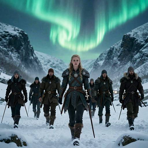 Viking Shieldmaiden Leading Adventurers in Snowy Fjord