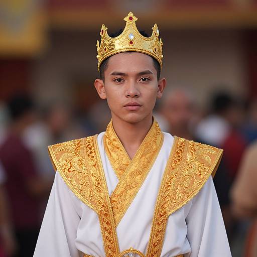 Photograph of a young boy with medium brown skin wearing an ornate gold crown and white robe with gold embroidered shoulders, standing in a blurred, crowded
