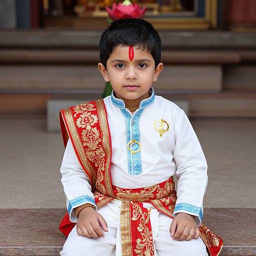 Young boy in traditional Indian attire, white kurta with blue embroidery, red and gold border, red forehead dot, seated outdoors.