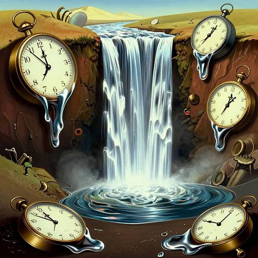 Digital artwork of a waterfall surrounded by dripping, melting pocket watches with white faces and black hands, forming a surreal landscape.