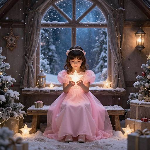 Photograph of a young girl in a pink, puffy dress holding a lit candle, sitting indoors by a snowy window at night, surrounded by glowing