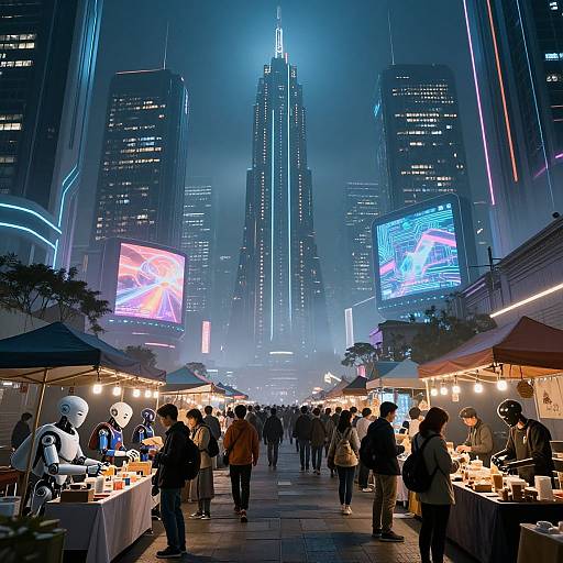 Photograph of a bustling, neon-lit night market in a futuristic city, with tall skyscrapers, illuminated billboards, and vendors selling various