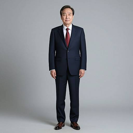 Photograph of an Asian man in his 50s, standing straight, wearing a black suit, white shirt, red tie, and black shoes,