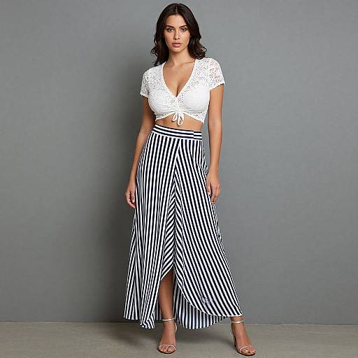 Photograph of a woman with wavy black hair, wearing a white cropped lace top and black-and-white striped high-waist skirt, standing against