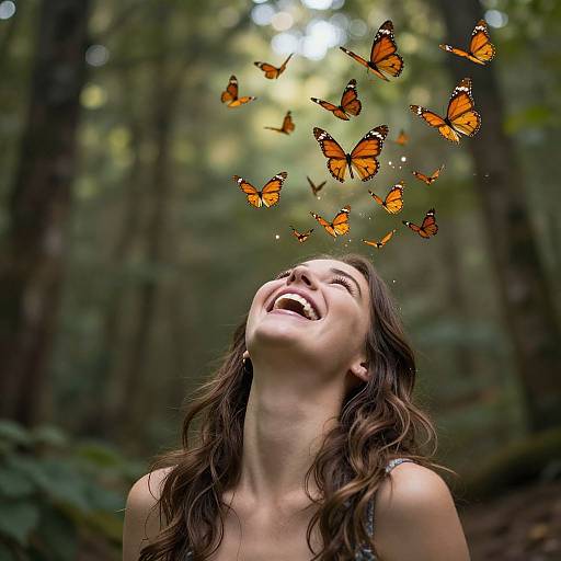 Photograph of a smiling woman with wavy brown hair, wearing a sleeveless top, surrounded by floating orange butterflies in a sunlit forest.