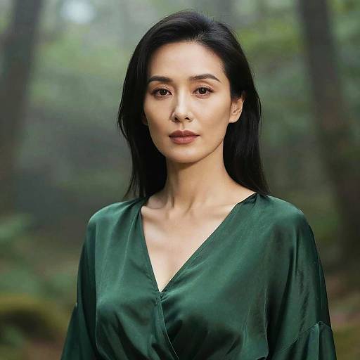 Photograph of an Asian woman with long black hair, wearing a green V-neck blouse, standing in a misty forest background.