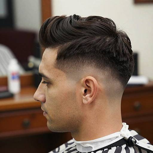 Photograph of a young man with a close-cropped, layered black hairstyle, side profile, white barber cape, wooden background, and blurred salon equipment