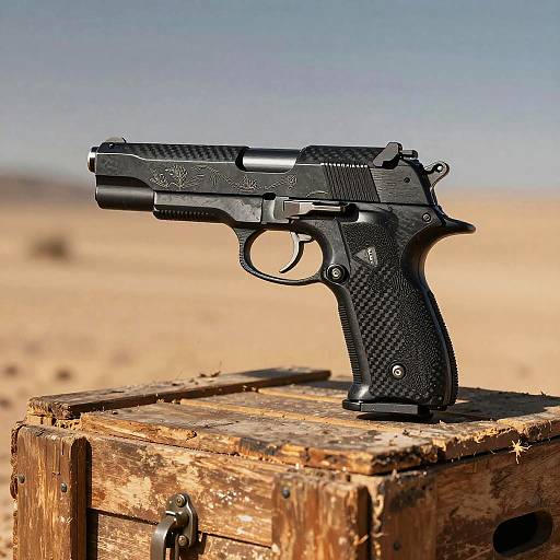 Photograph of a black, textured semi-automatic handgun with engraved 
