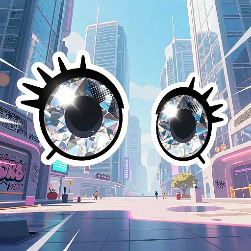Digital artwork of a vibrant city street with towering skyscrapers, featuring large, black, spiky, eyeball-like shapes in the foreground. Bright