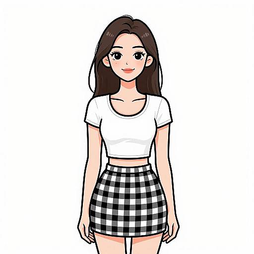 Digital anime-style drawing of a smiling young woman with long brown hair, wearing a white crop top and black-and-white checkered skirt.