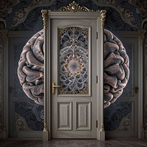 Photograph of ornate, silver-gray door with intricate glass mandala, flanked by swirling, fabric-like patterns, set against dark, patterned