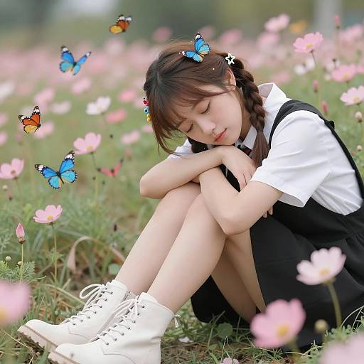 Young Woman Sitting in Flower Field with Butterflies