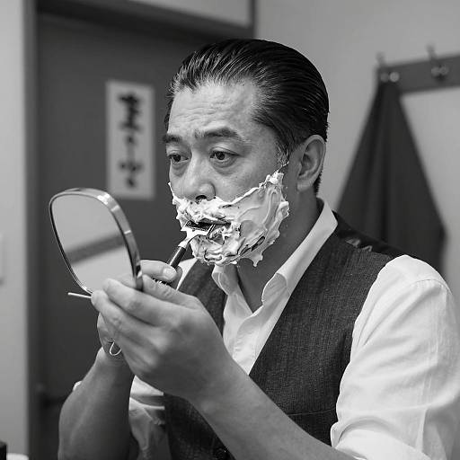 Intense Shaving Moment in Black-and-White