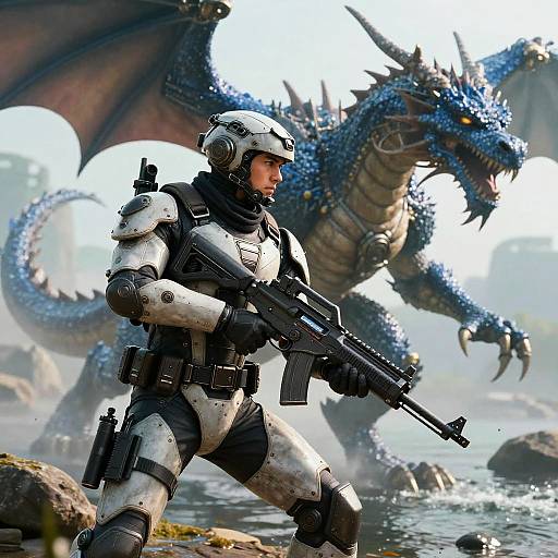 CGI image of a soldier in white armor with helmet and rifle, facing a blue-scaled, winged dragon near a rocky waterway.