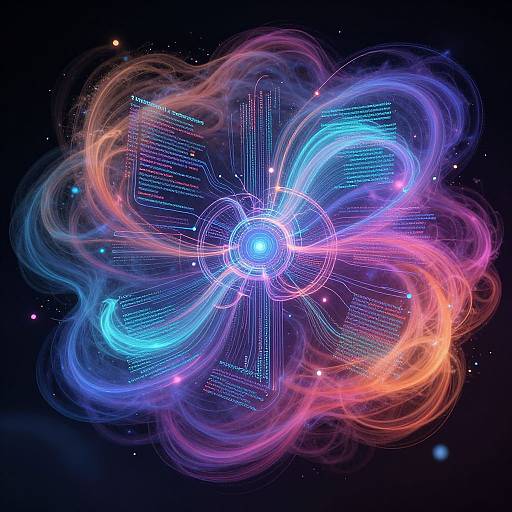 Digital art: Glowing, neon-blue and pink, swirling vortex with intricate, luminous lines and text against a dark, starry background.