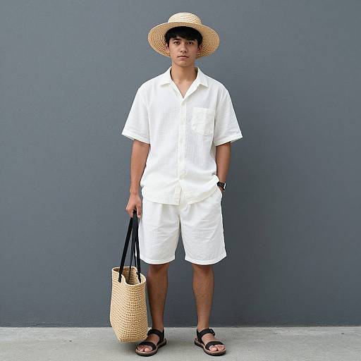Young Asian man in white shirt and shorts, straw hat, black sandals, holding woven bag, standing against gray wall. Photographic portrait.