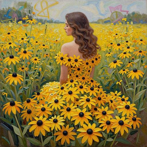 Digital painting of a woman with wavy brown hair in a yellow sunflower field, wearing a matching yellow dress, looking away. Bright, vivid colors