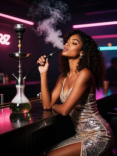 Glamorous Woman Smoking Shisha at Night