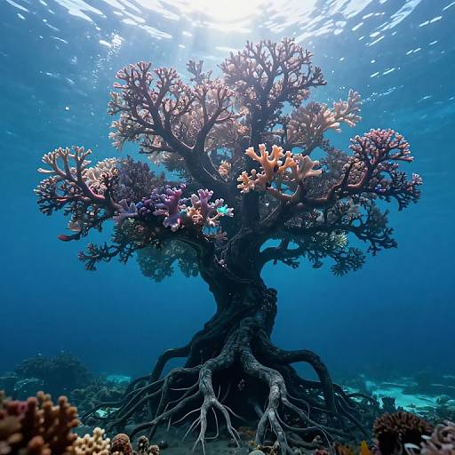 Photograph of an underwater coral tree with twisted roots, colorful corals, and sunlight filtering through the blue ocean water.